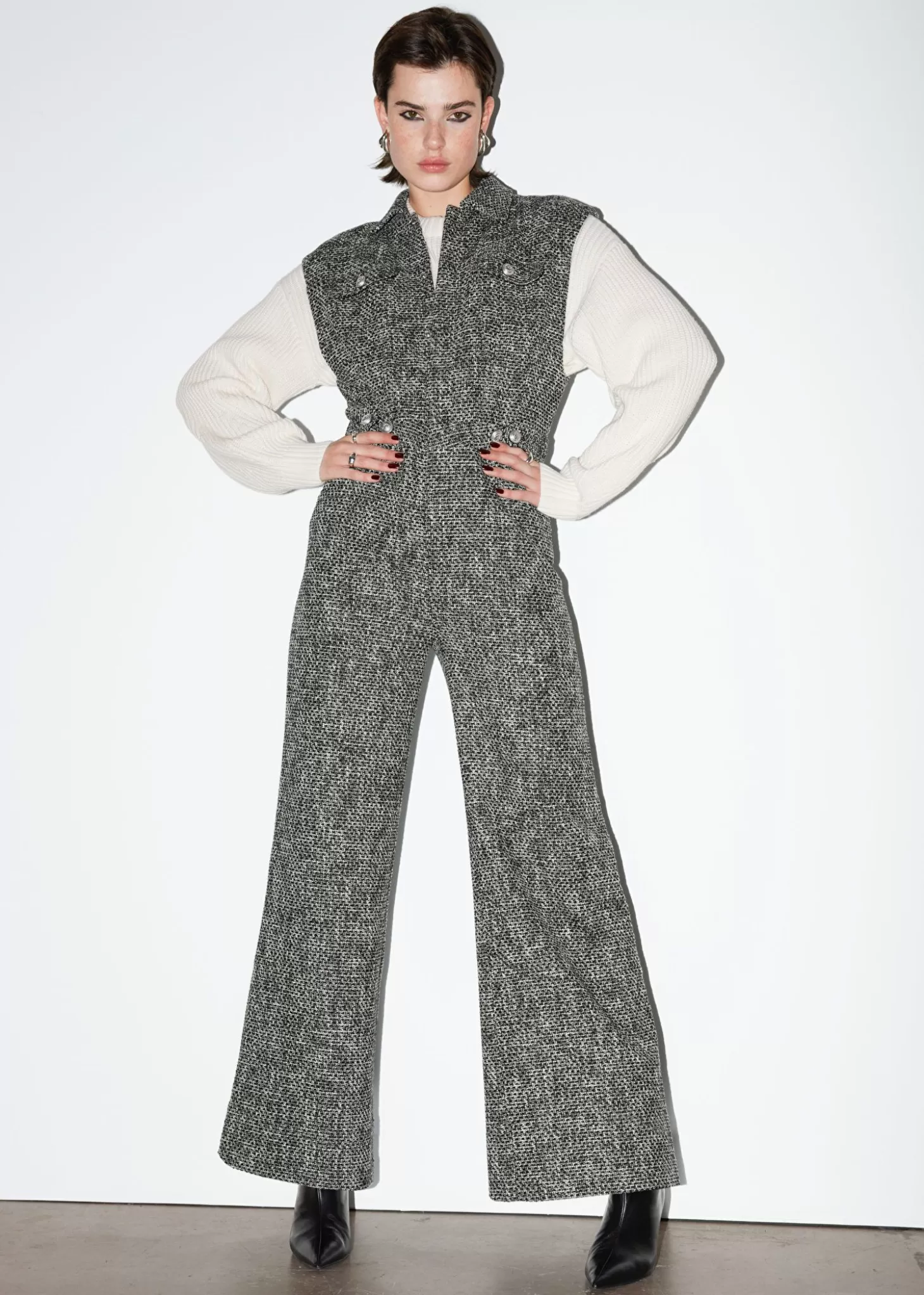 New & Other Stories Bred Aermelos Tweed Jumpsuit Sort Tweed