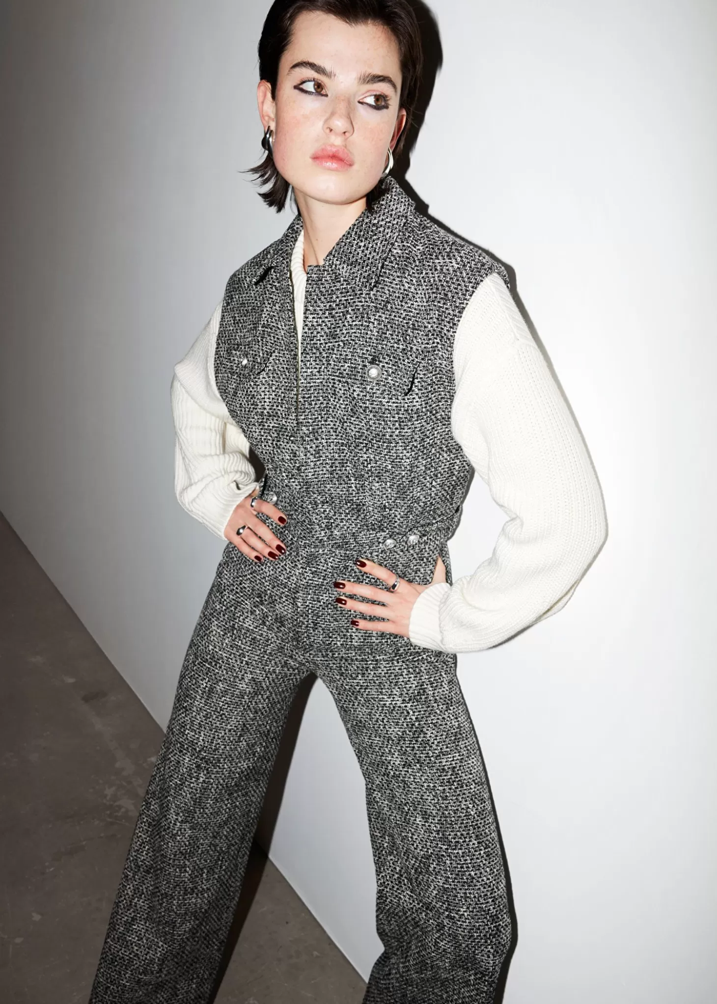 New & Other Stories Bred Aermelos Tweed Jumpsuit Sort Tweed