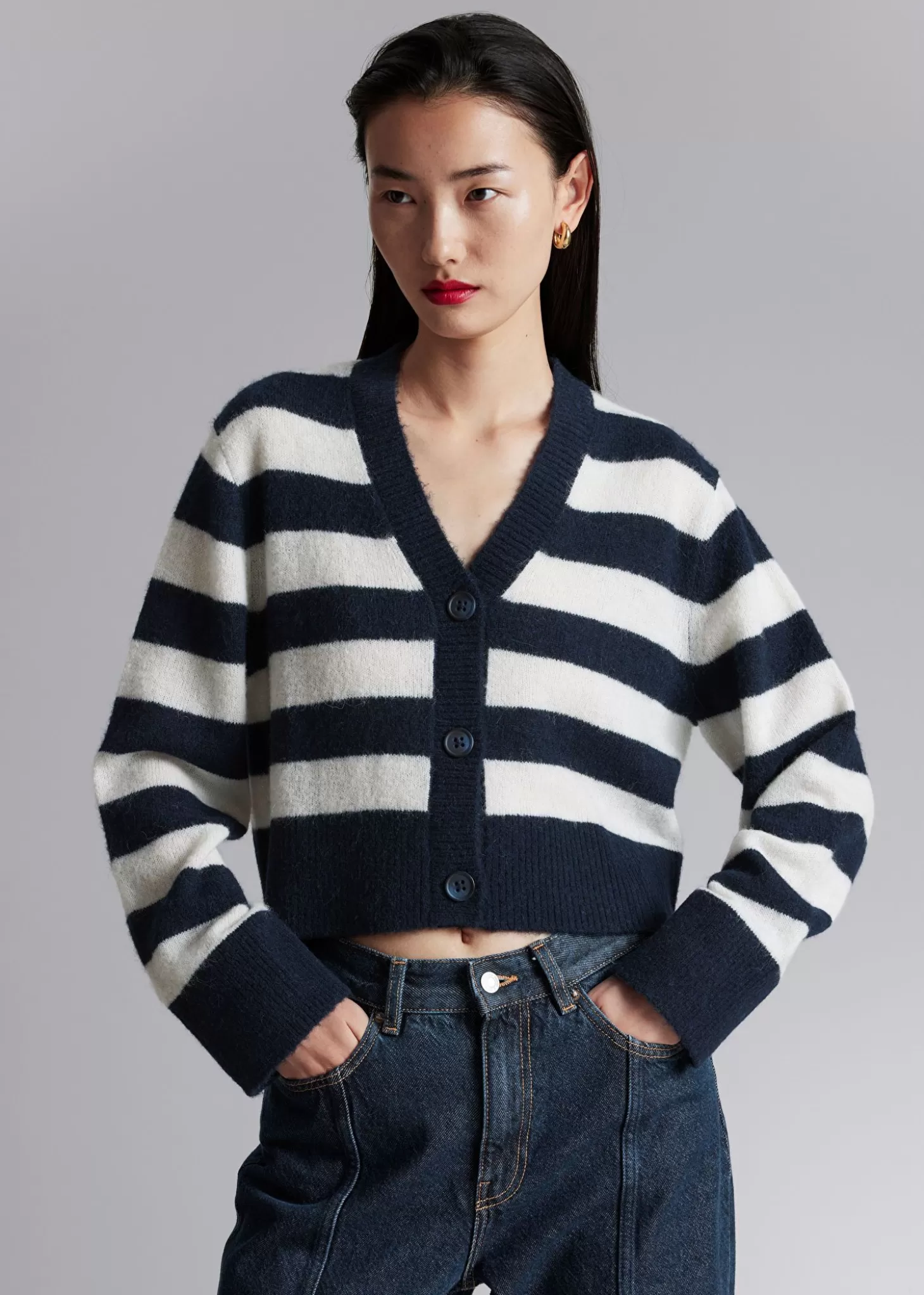 Outlet & Other Stories Cropped Strik Cardigan Navy/Hvide Striber