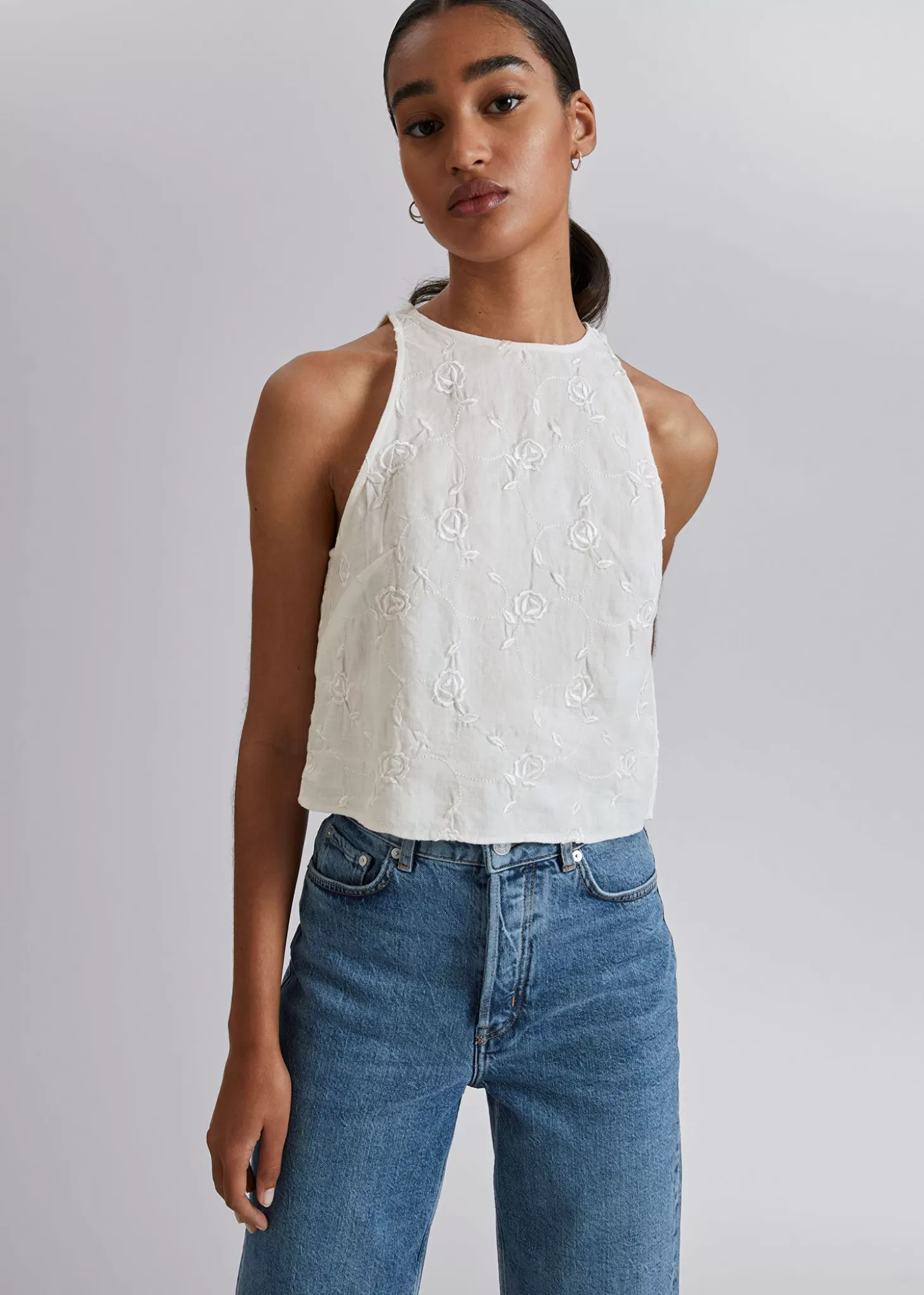 Best Sale & Other Stories Hor Rund Hals Cropped Top Hvidt Blomstret Linned