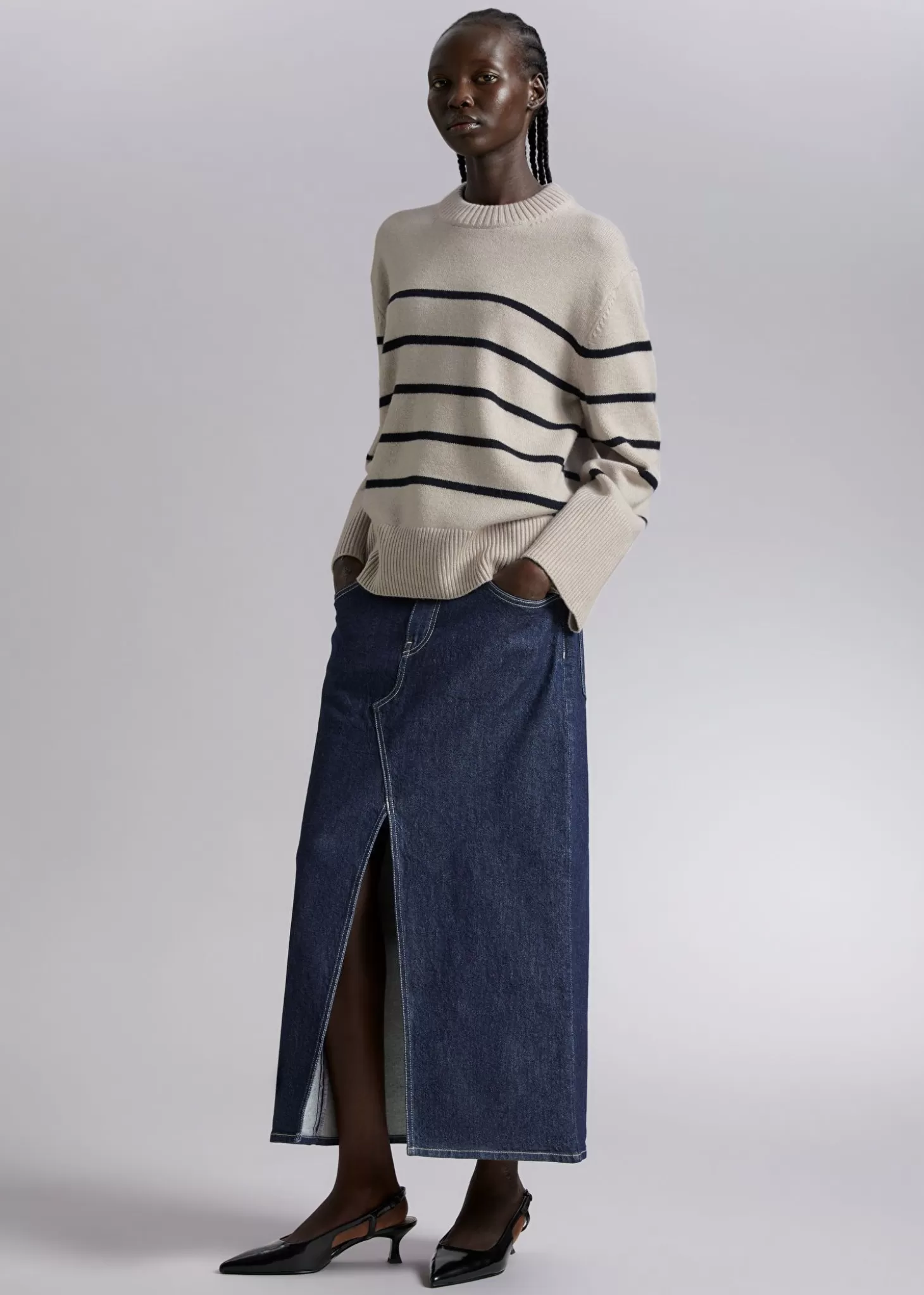 Fashion & Other Stories Uld Striktroje Beige/Navy Melange Stripe